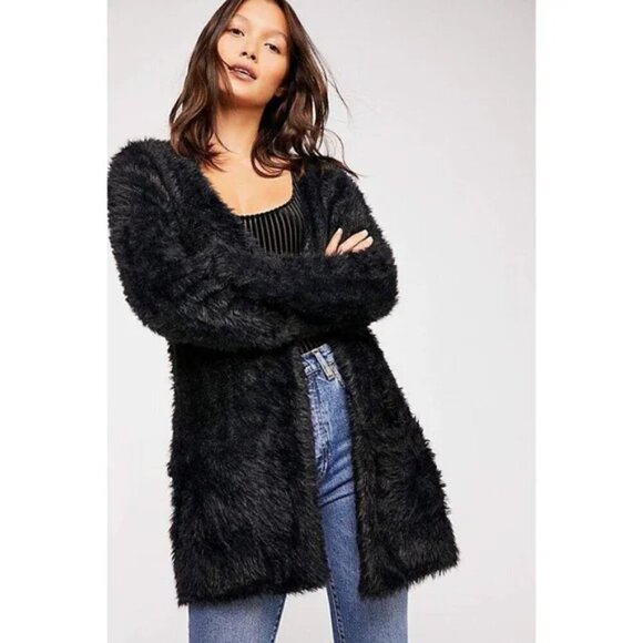 Free People Faux-Fur Open-Front Cardigan, Black, Size XS - Picture 1 of 10